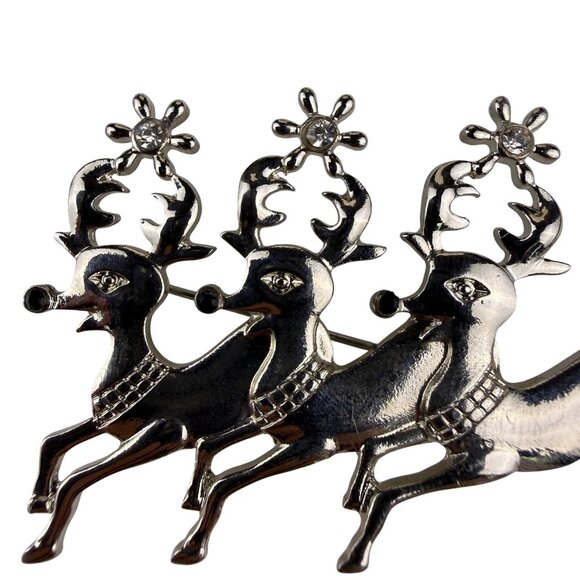 Silver Tone Reindeer Brooch Pin Design Lapel Christmas Jewelry Decorative - Picture 3 of 4